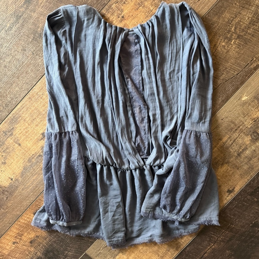 Free People Grayish Blue Boho Peplum Blouse Sheer Swiss Dot Sleeves Small - Picture 5 of 7